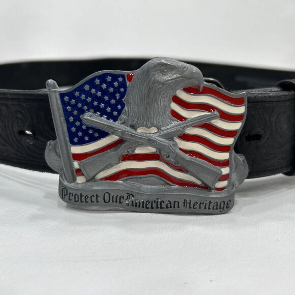 Silver Creek 38 Black Leather Protect Our American Heritage Belt Buckle Tooled